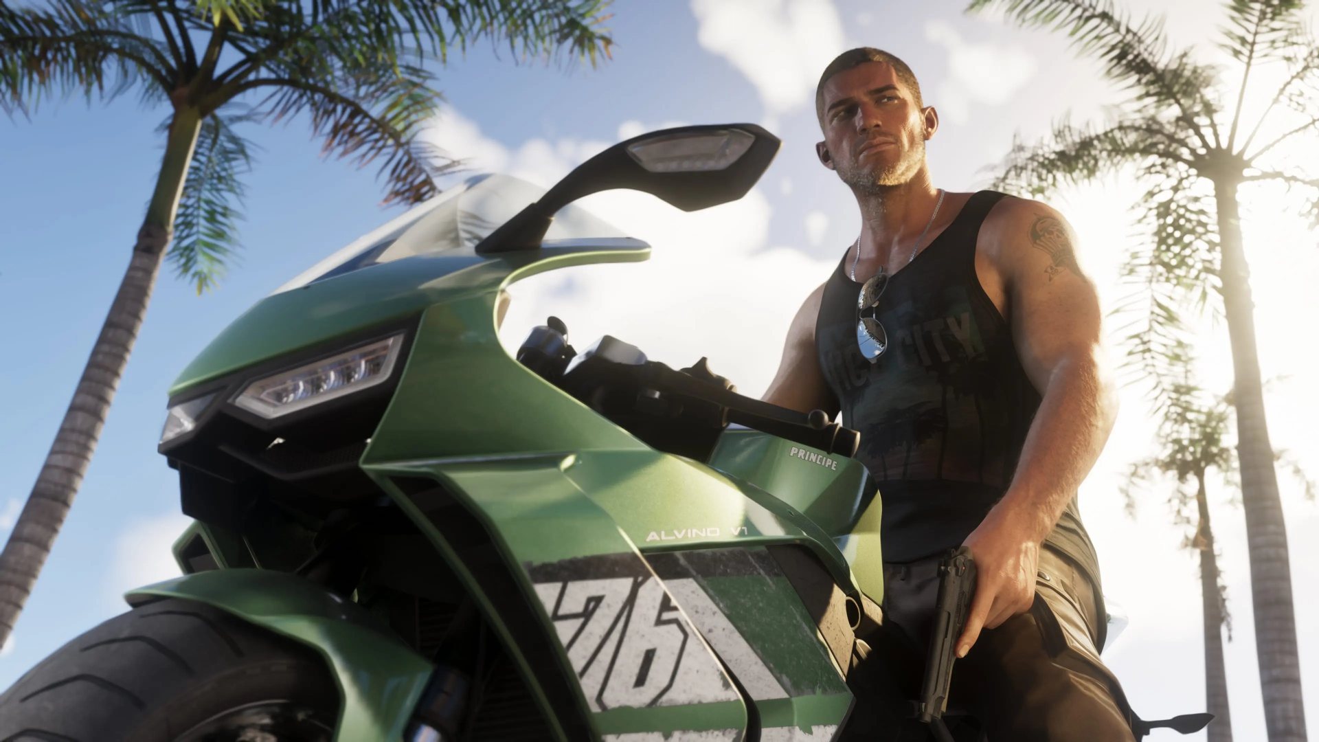 GTA VI artwork — Jason on a motorcycle under palm trees